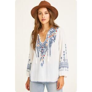Johnny Was XL White Boho Embroidered Peasant Blouse Tunic Top Bohemian Chic